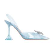 Amina Muaddi Kristall Brosch Denim Slingback Klackar Blue, Dam