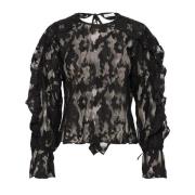 Karen by Simonsen Mesh Blus med Broderade Detaljer Black, Dam