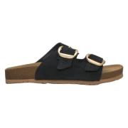 Estro Svarta Velour Slide Sandaler med Tjocka Remmar Black, Dam