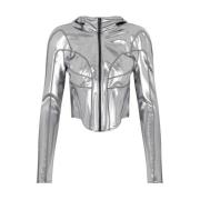 Mugler Krom Silver Metallic Huva Jacka Gray, Dam