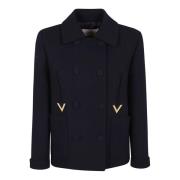 Valentino Garavani Dubbel Crepe Caban med Guld V-Detalj Blue, Dam