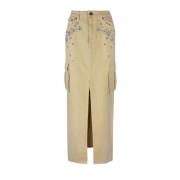 Self Portrait Denim Maxi Kjol med Framre Slits Beige, Dam