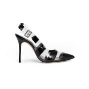 Manolo Blahnik Randig Patentläder Slingback Stilettklackar Black, Dam