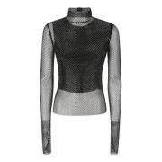 Sportmax Glitter Mesh Top med Hög Krage Black, Dam