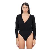 Elisabetta Franchi Svart Ribbad Bodysuit med Logo Plaque Black, Dam