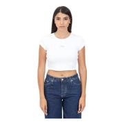 Calvin Klein Jeans Vit Ribbad Bomull T-shirt Logo Patch White, Dam