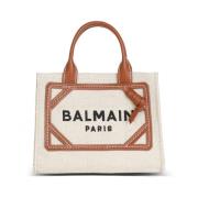 Balmain B-Army mini canvas shoppingväska med läderinsatser Beige, Dam