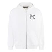 Palm Angels Bomulls Zip Hoodie med Fickor White, Herr