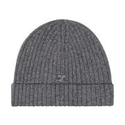 Courrèges Grå Ull Ribbstickad Beanie Mössa Gray, Herr