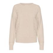 Cream Puff Sleeve Knit Pullover Oat Melange Beige, Dam