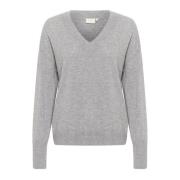 Kaffe Grå Melange V-Ringad Pullover Tröja Gray, Dam