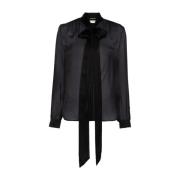 Saint Laurent Silke Knapp-Up Lavallière Krage Skjorta Black, Dam