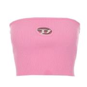 Diesel Räfflad Bandeau Top med Metall Logo Plaque Pink, Dam