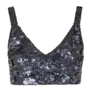 P.a.r.o.s.h. Grå Paillett Crop Top med Blomsterbroderi Gray, Dam