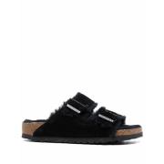 Birkenstock Svarta Platta Shearling Sandaler Black, Dam