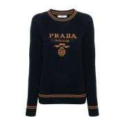 Prada Intarsia-Knit Logo Stripe Sweater Beige, Dam