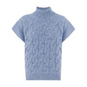 Le Tricot Perugia Elegant Stickad Pullover med Hög Krage Blue, Dam