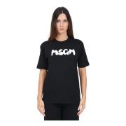 Msgm Svart kortärmad T-shirt med logotryck Black, Dam