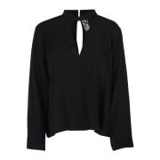 8PM Crepe Blus med V-ringning och knapp Black, Dam