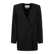 Ganni Stretch Crepe Boxy Blazer Black, Dam