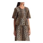 Ganni Leopard Print Smocked Cotton Top Multicolor, Dam