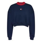 Tommy Hilfiger Blå Tröja Oversize Crop Streetwear Retro Blue, Dam