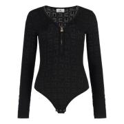 Elisabetta Franchi Jacquard Logo Viscose Bodysuit Black, Dam