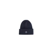 Moncler Navy Blue Cashmere Hat Leather Logo Blue, Herr