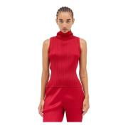 Issey Miyake Veckad hög hals topp Red, Dam