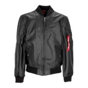 Alpha Industries Svart läderbomberjacka med dragkedja Black, Herr