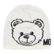 Moschino Abstrakt Teddybjörn Beanie med Logo White, Dam