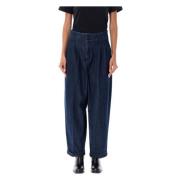 YMC You Must Create Indigo Wide-Leg Jeans med Veckad Framsida Blue, Da...