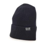 Emporio Armani EA7 Blått Ullblandat Beanie med Logotyp Blue, Unisex