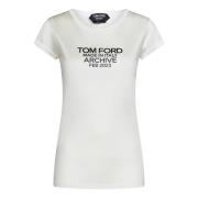 Tom Ford Silkesjersey Åtsittande T-shirt med Logotyp White, Dam