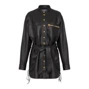 Balmain Läderovershirt med snörningsdetaljer Black, Dam