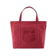 Maison Kitsuné Röd Läder Shopper Väska med Kanvasrem Red, Dam