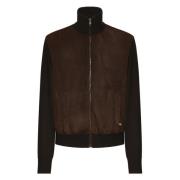 Dolce & Gabbana Brun Mocka Bomber Stickade Ärm Kappa Brown, Herr