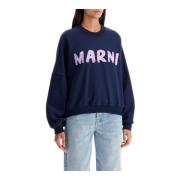 Marni Logo Crewneck Sweatshirt med Penseldrag Effekt Blue, Dam