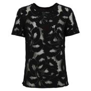 Max Mara Studio Blommig Spets Kortärmad T-shirt Svart Black, Dam