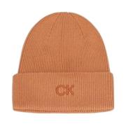 Calvin Klein Broderad Fin Ribbstickad Beanie Mössa Brown, Dam