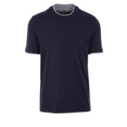 Brunello Cucinelli Blå Bomull T-shirt med Unik Grå Kant Blue, Herr