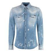 Dolce & Gabbana Denim Skjorta med Färgstänk Tryck Blue, Herr