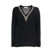 Ermanno Scervino Broderad Stickad Topp V-Hals Stil Black, Dam