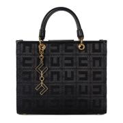 Elisabetta Franchi Svart Jacquard Shopper med Faux Läderhandtag Black,...