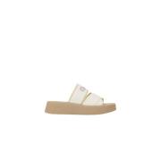 Chloé Beige & White Linne Slip-On Mules Beige, Dam