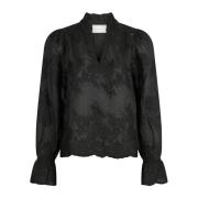 Neo Noir Elegant Broderad Svart Blus Black, Dam