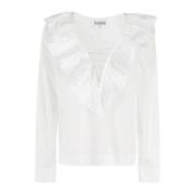 Ganni Ruffle V-ringad Blus i Bomullspoplin White, Dam