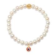 Nialaya Wristband with White Pearls and Red Evil Eye Charm Yellow, Dam