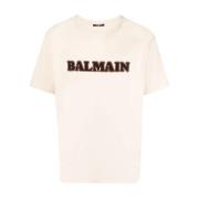 Balmain Flocked Logo Bomull T-shirt Beige, Herr