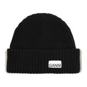 Ganni Svart Oversized Ull Rib Beanie Black, Dam